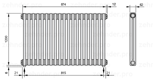 Схема (чертеж) Радиатор Zehnder Charleston 2120/19 №5310 Белый глянцевый RAL 9016